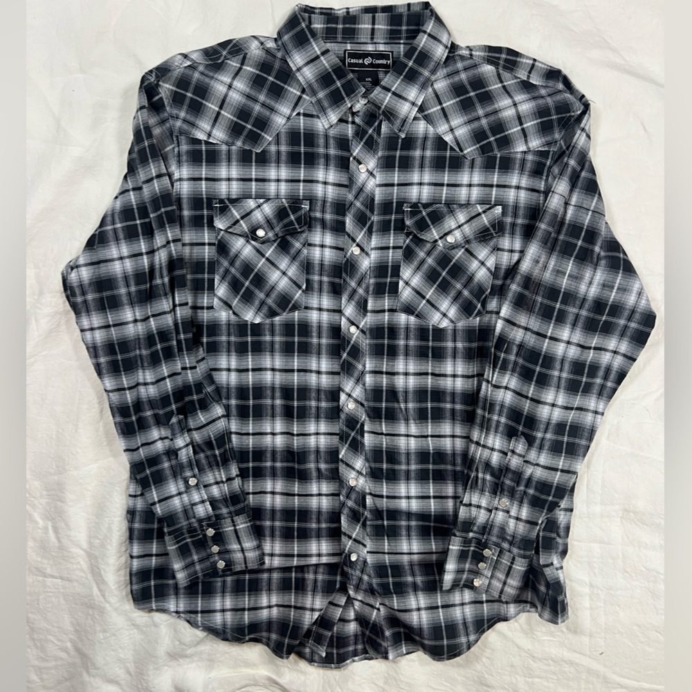 Casual Country Plaid Pearl Snap Western Shirt XXL Black Gray
